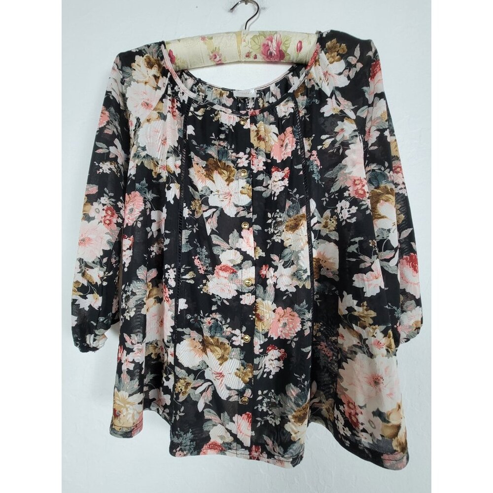 Sirenlily Womens Floral Print Button Front 3/4 Sleeves Blouse Petite Medium New